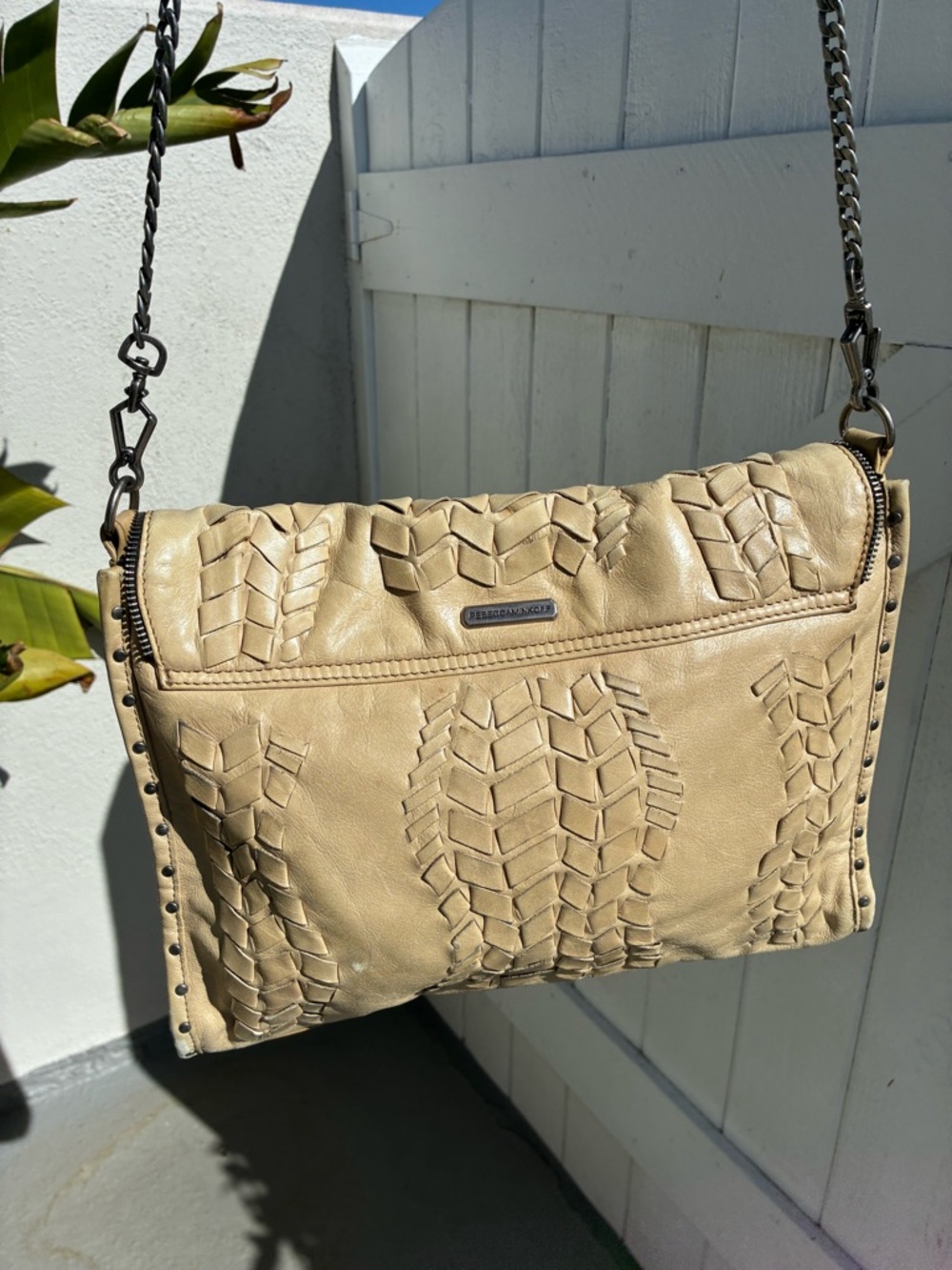 Rebecca Minkoff Woven Leather silver Chain Shoulder Bag in Creamy Tan - Picture 14 of 15